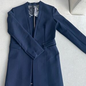 JNBY Navy Blue Wool Blend Collarless Long Blazer Jacket Size S/M
